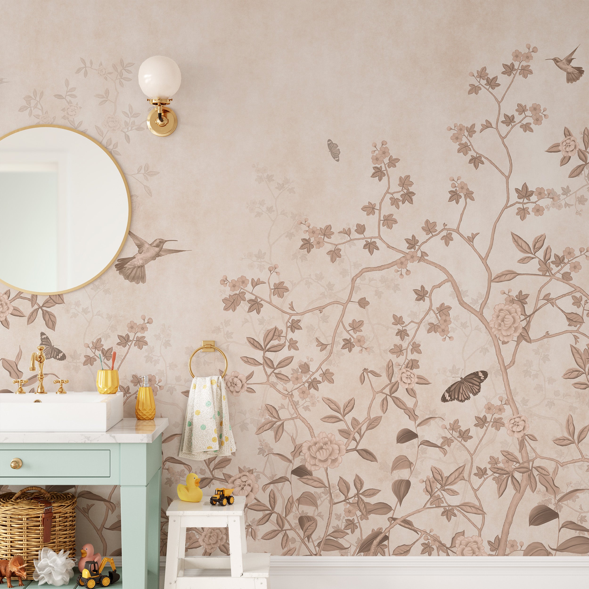 Classic Chinoiserie wallpaper with vintage floral motifs
