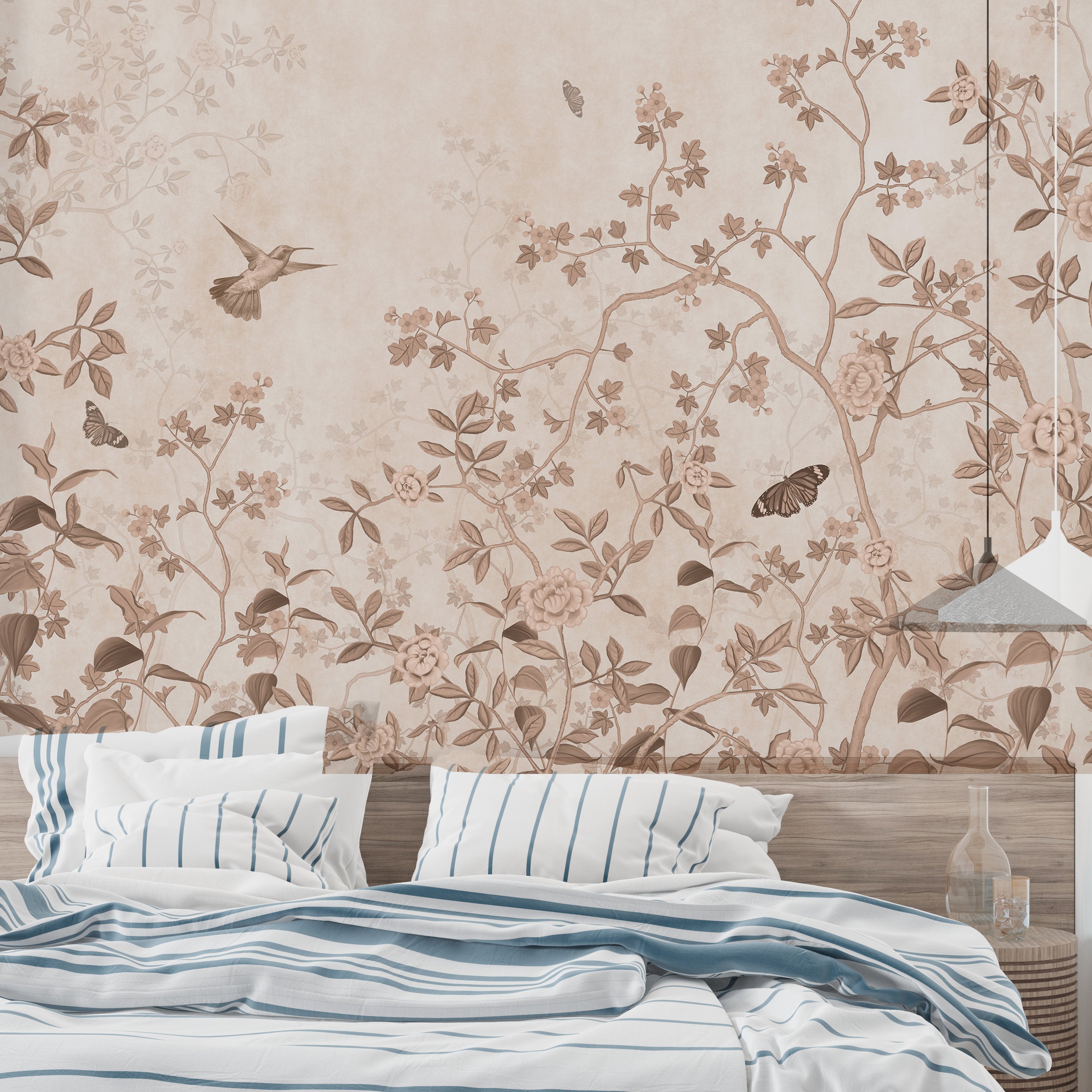 Graceful hummingbirds and butterflies on vintage wallpaper
