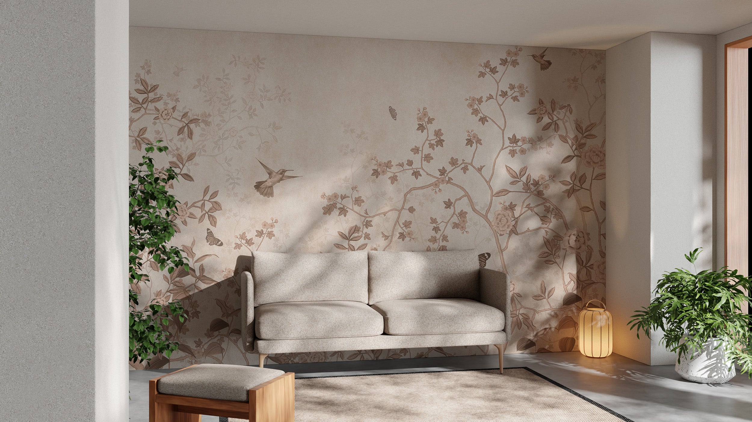 Vintage Chinoiserie floral wallpaper with botanical design
