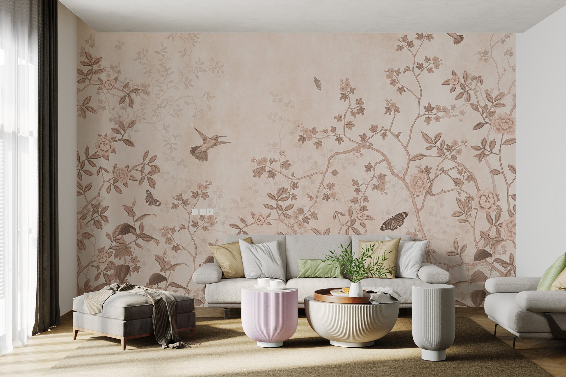 Antique floral wall mural in soft sepia tones
