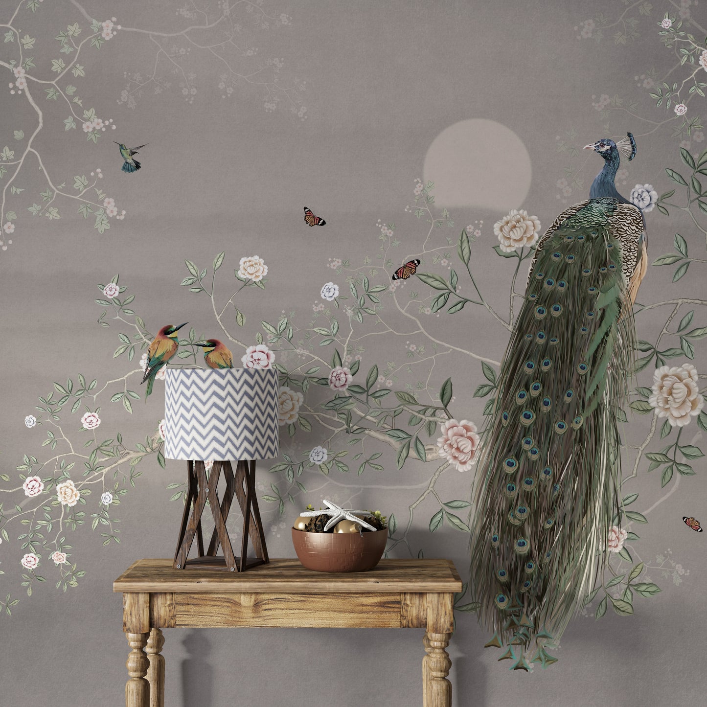 Chinoiserie floral botanical wallpaper with birds and flowers
