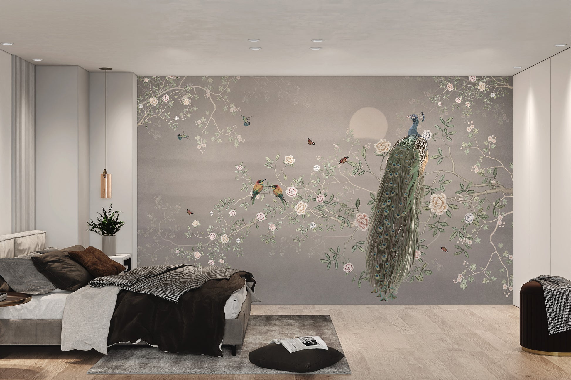 Hand-painted floral wallpaper mural with soft pastel tones
