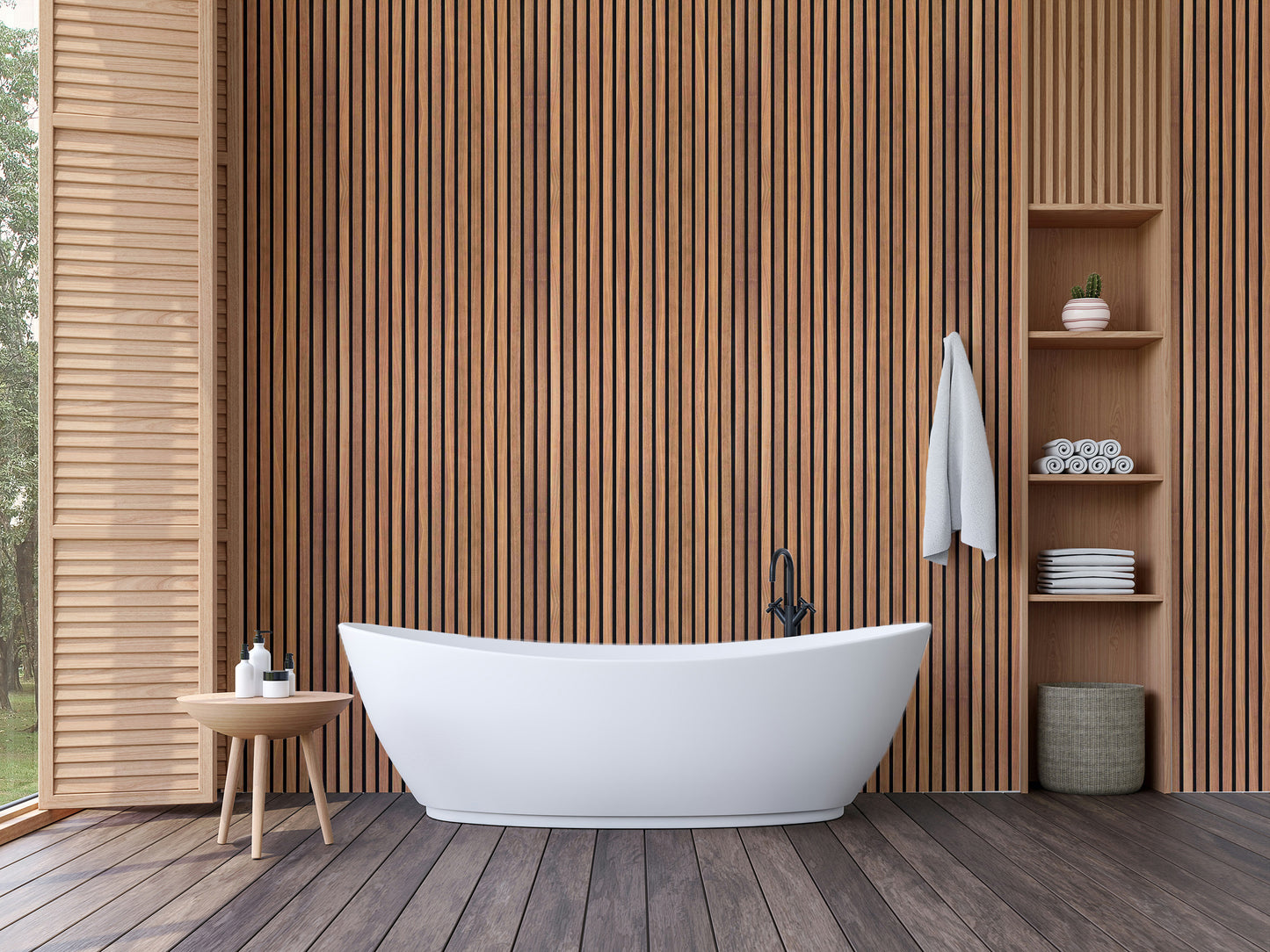 Modern vertical wood panel wallpaper for stylish walls
