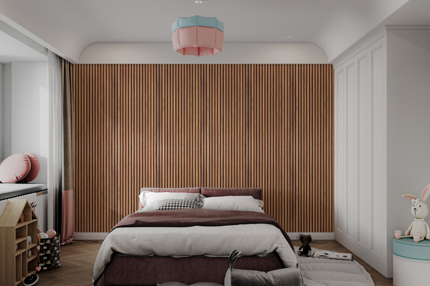 Contemporary slatted wood wall wallpaper for a chic look
