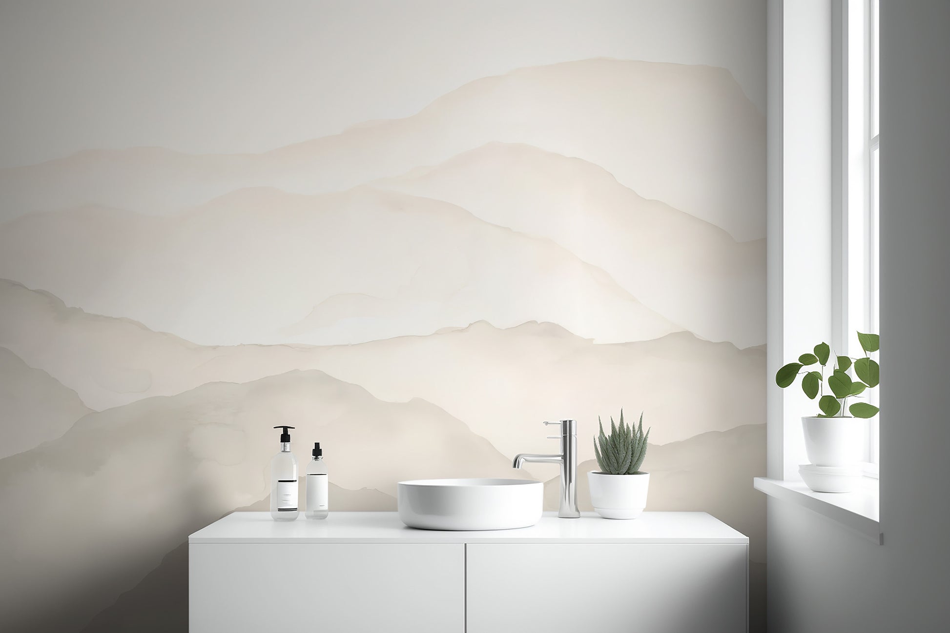 Beige Watercolour Mountains Wall Mural - Giffywalls