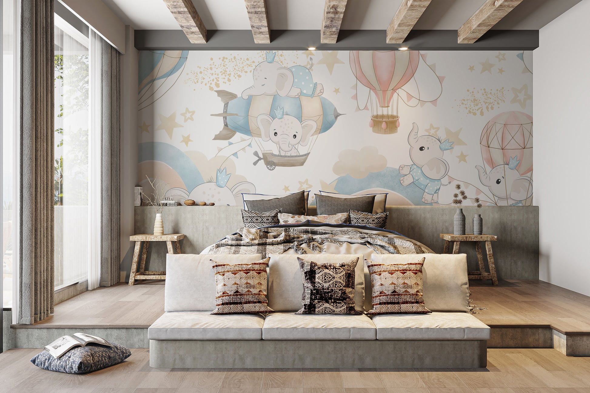 Charming elephant mural with sky adventure theme