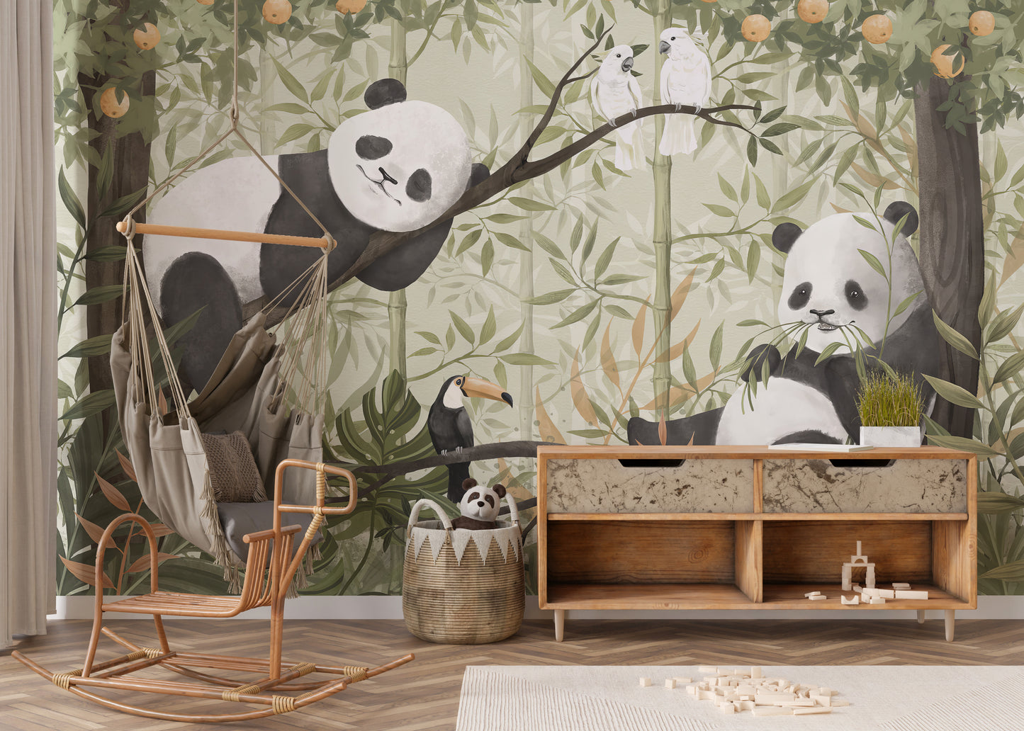 Charming panda mural with exotic birds
