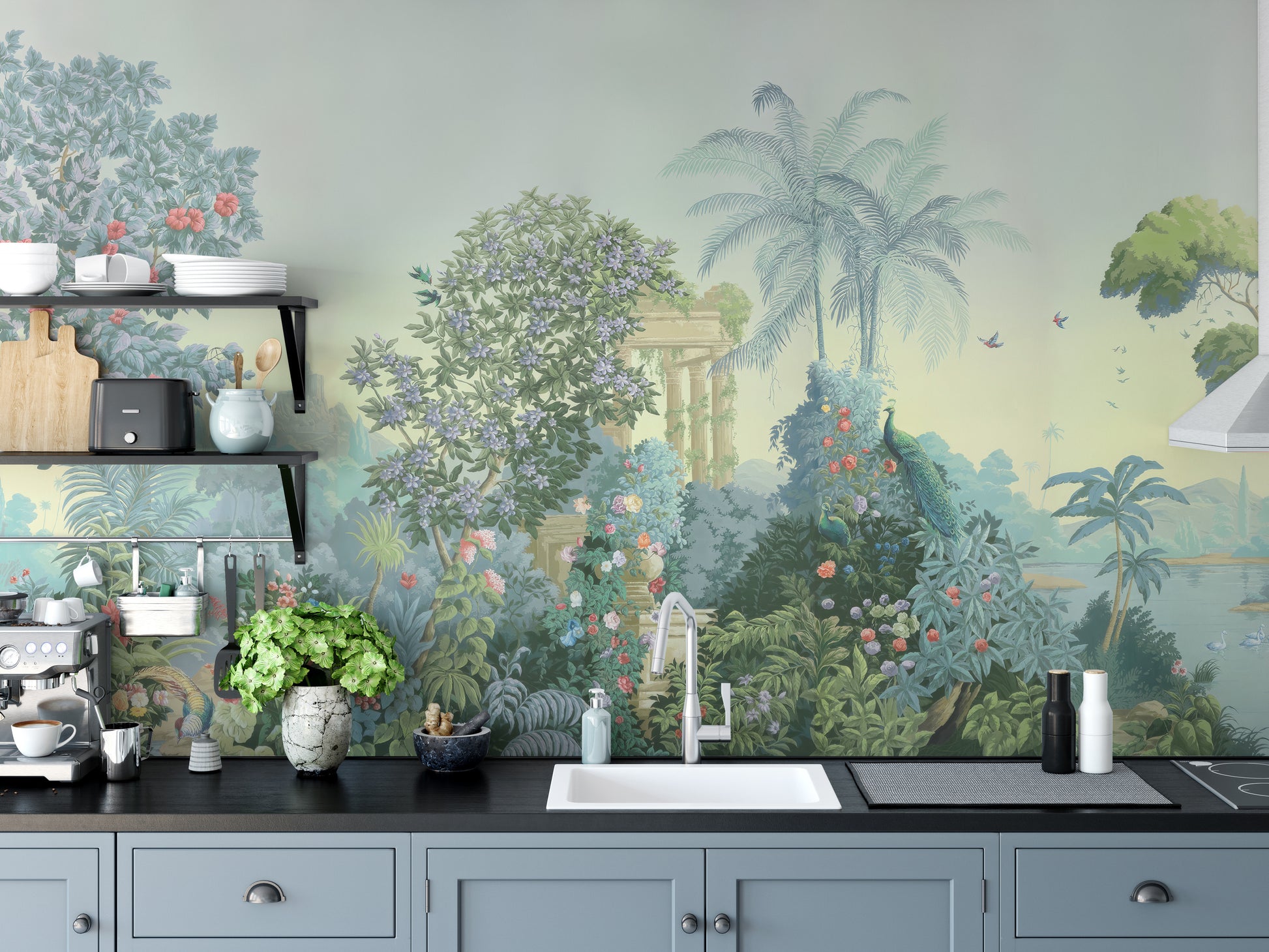 Tropical garden mural with blooming flowers
