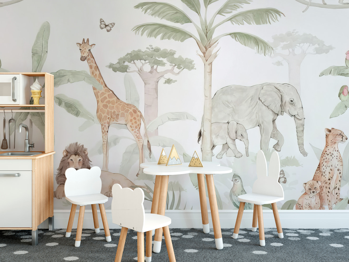 Whimsical wildlife wallpaper with soft hues