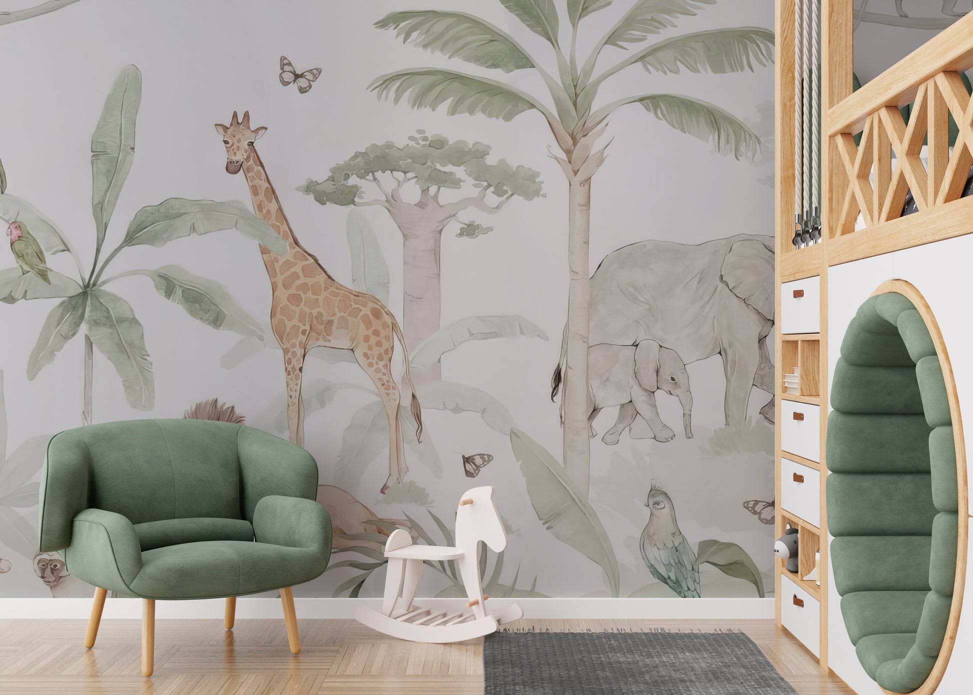 Hand-painted animal mural with lush greenery
