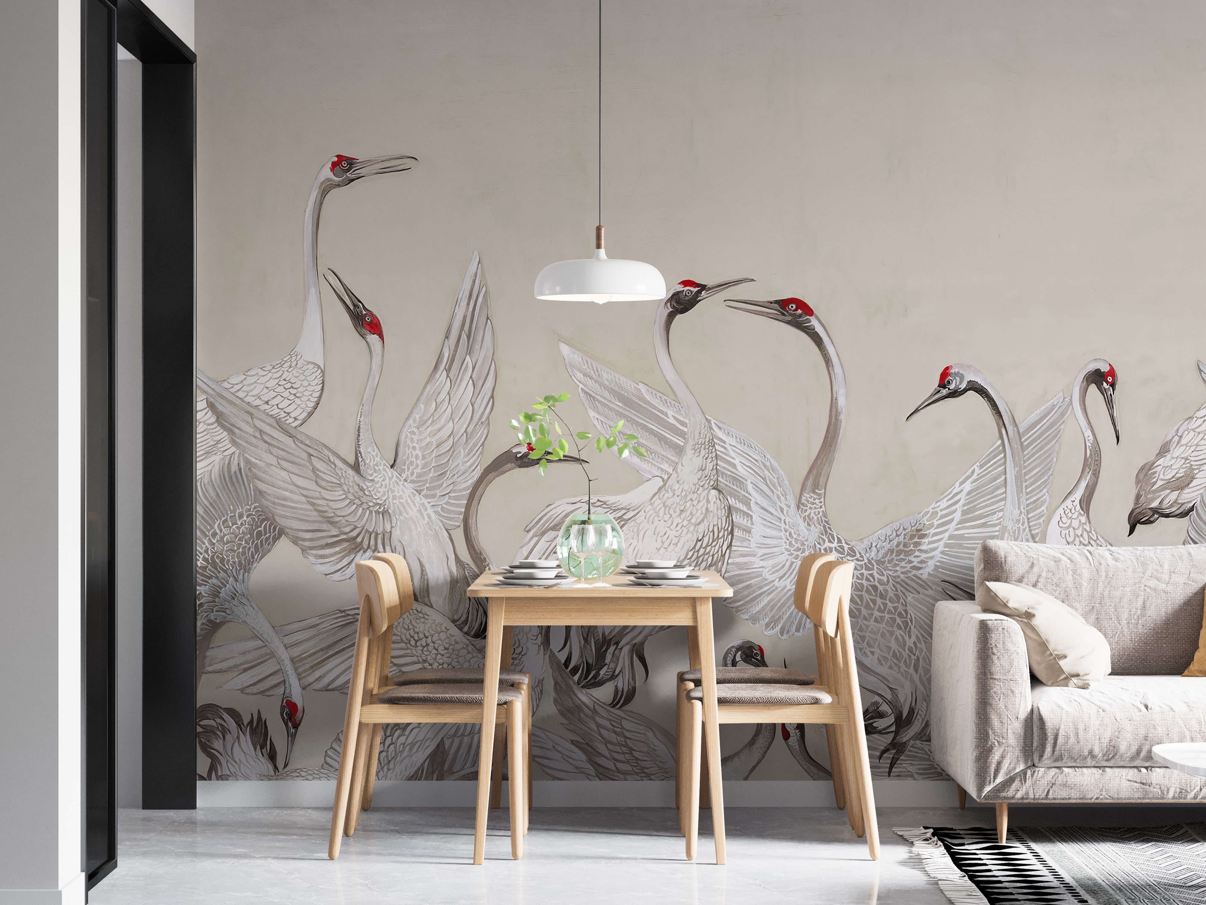 Artistic crane-themed wallpaper mural
