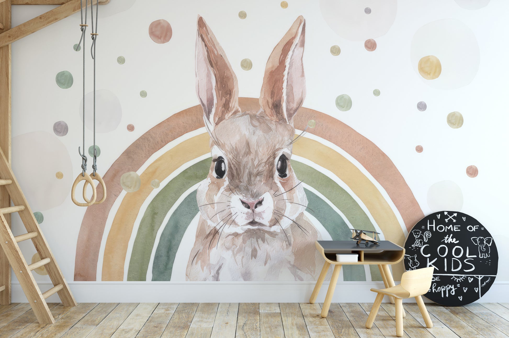 Sweet rabbit mural with rainbow design
