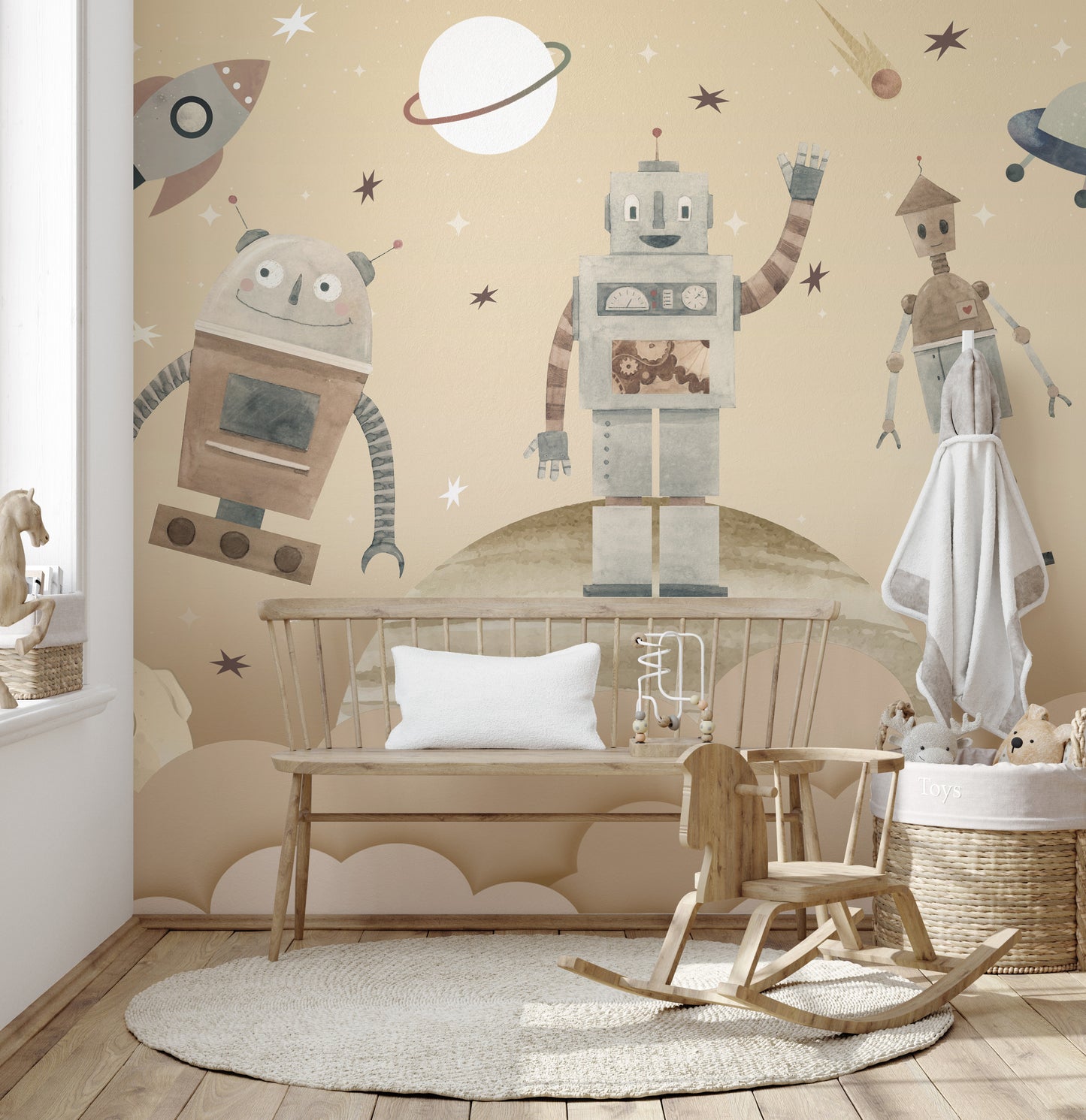 Fun robotic characters mural in orbit