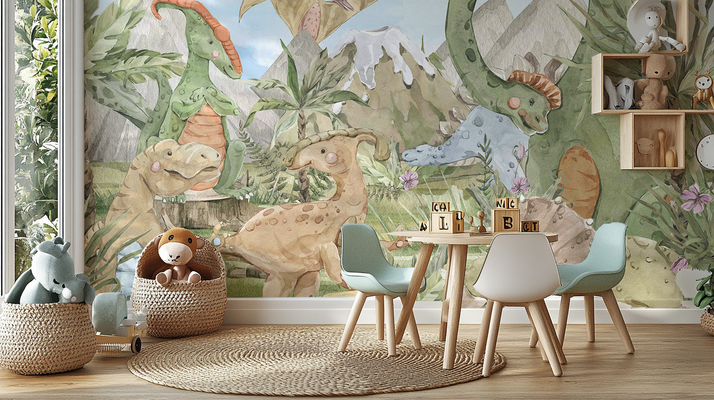 Playful dinosaur mural for kids' wallpaper
