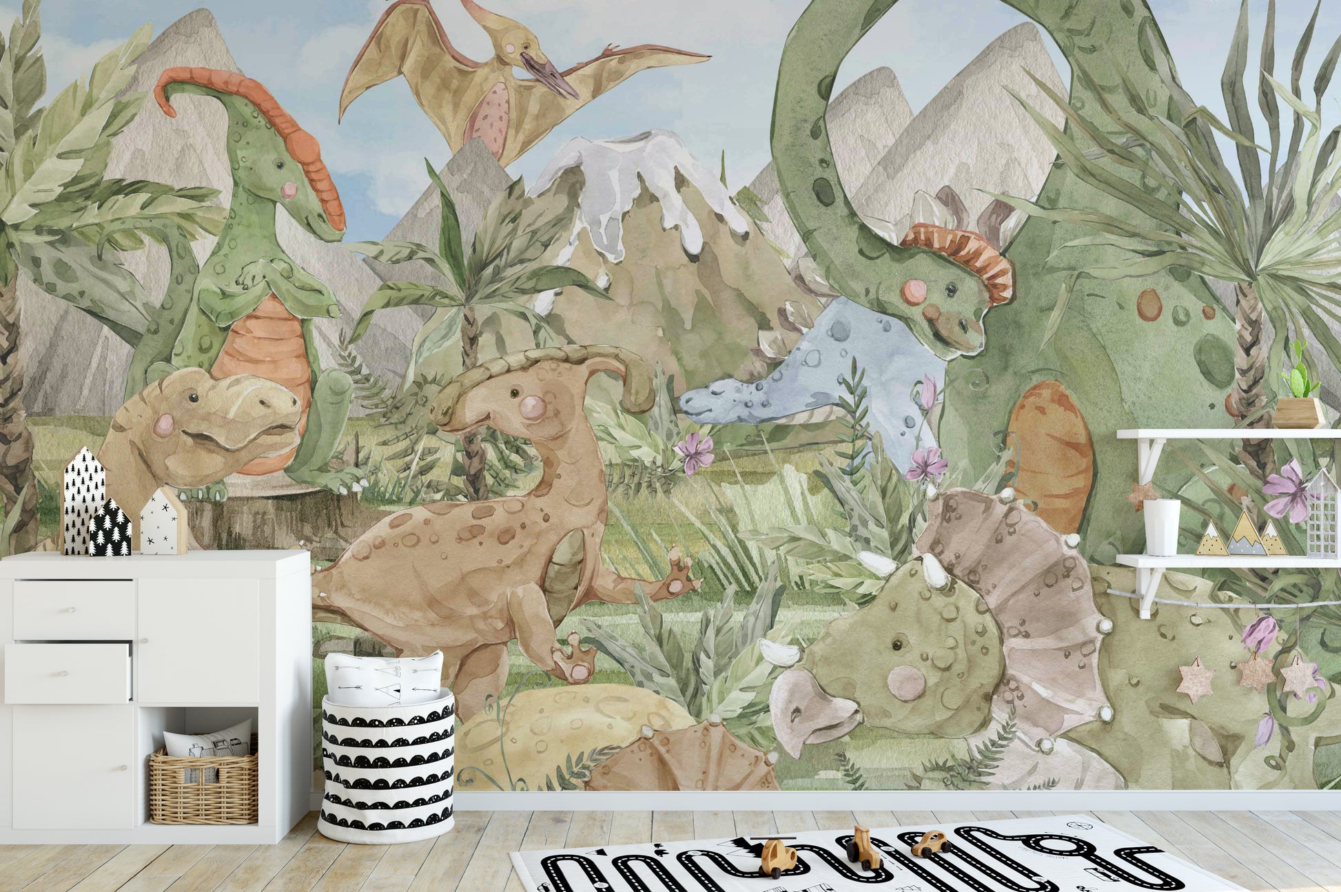 Friendly dinosaur wallpaper for fun spaces
