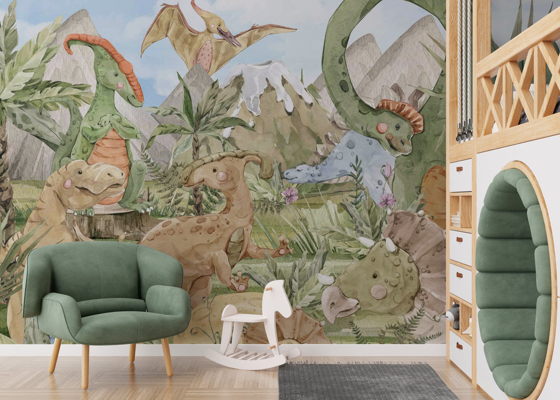 Fun dinosaur adventure kids' mural art
