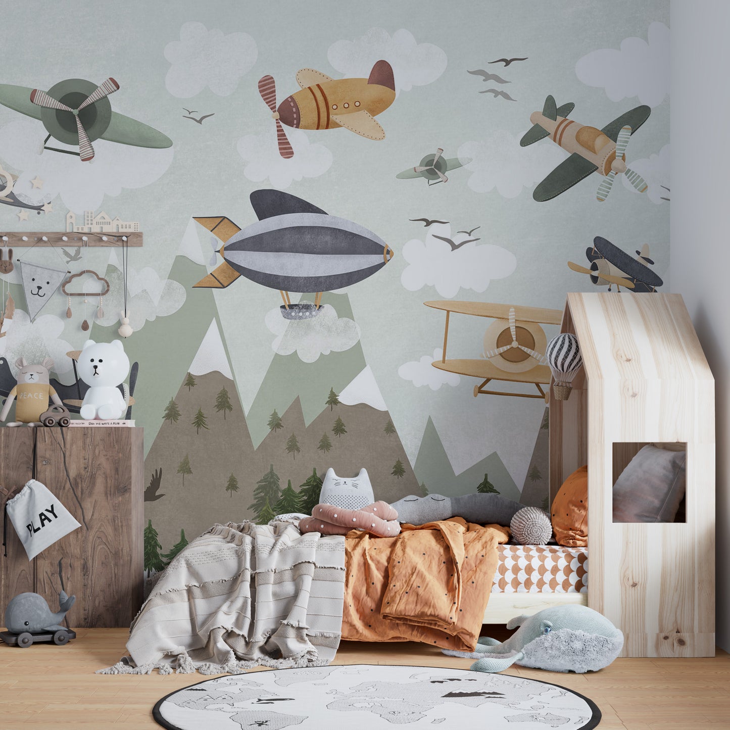 Adventure mural with planes and zeppelins
