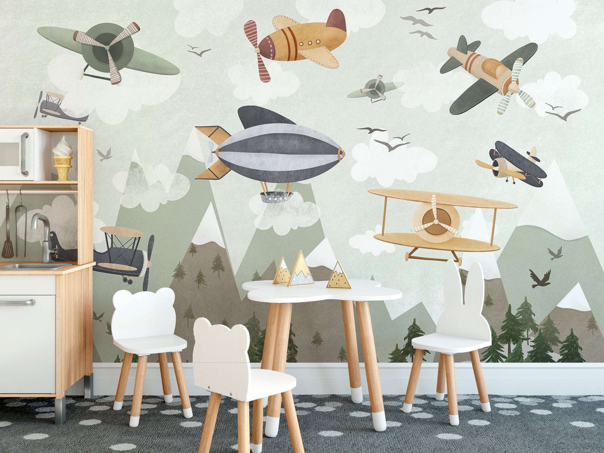 Whimsical mural with planes and zeppelins
