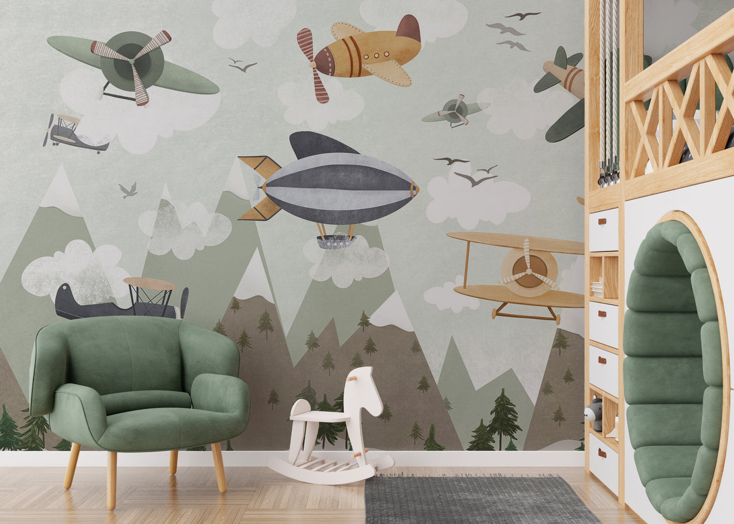 Playful plane wallpaper over forest peaks
