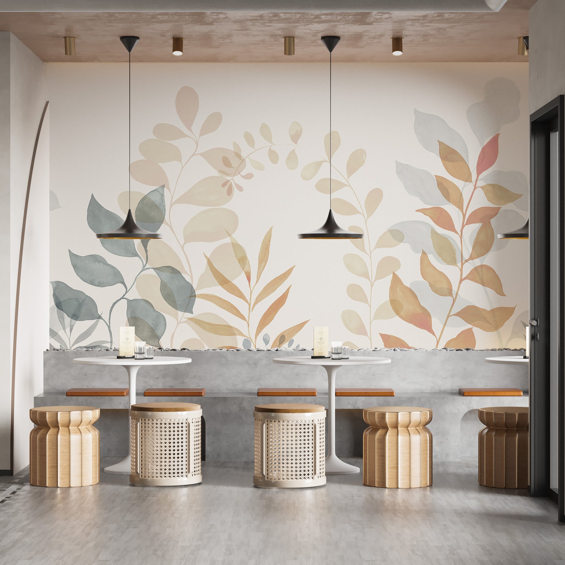 Soft pastel leaves wall mural design.
