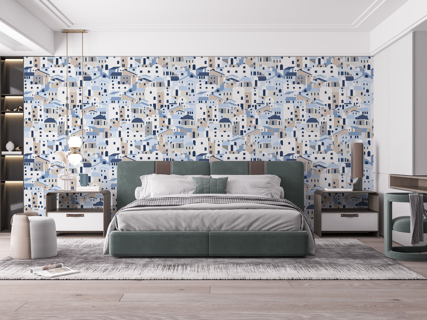 Santorini-themed patterned wallpaper for interiors