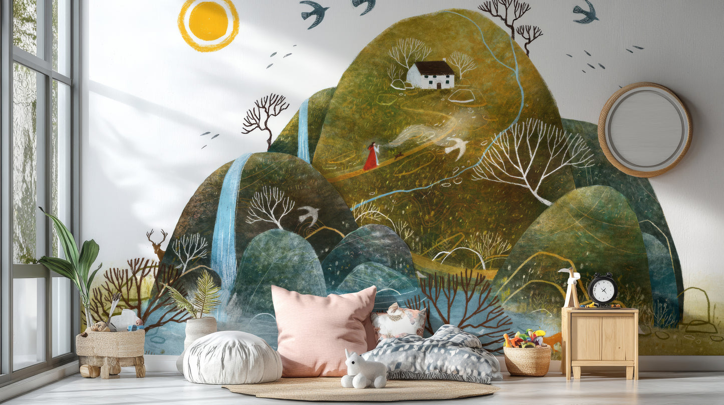 Nature-inspired wallpaper mural with serene atmosphere