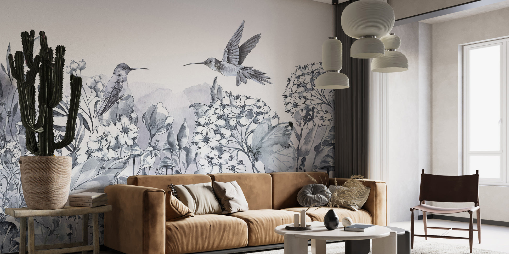 Elegant hummingbird garden mural for walls