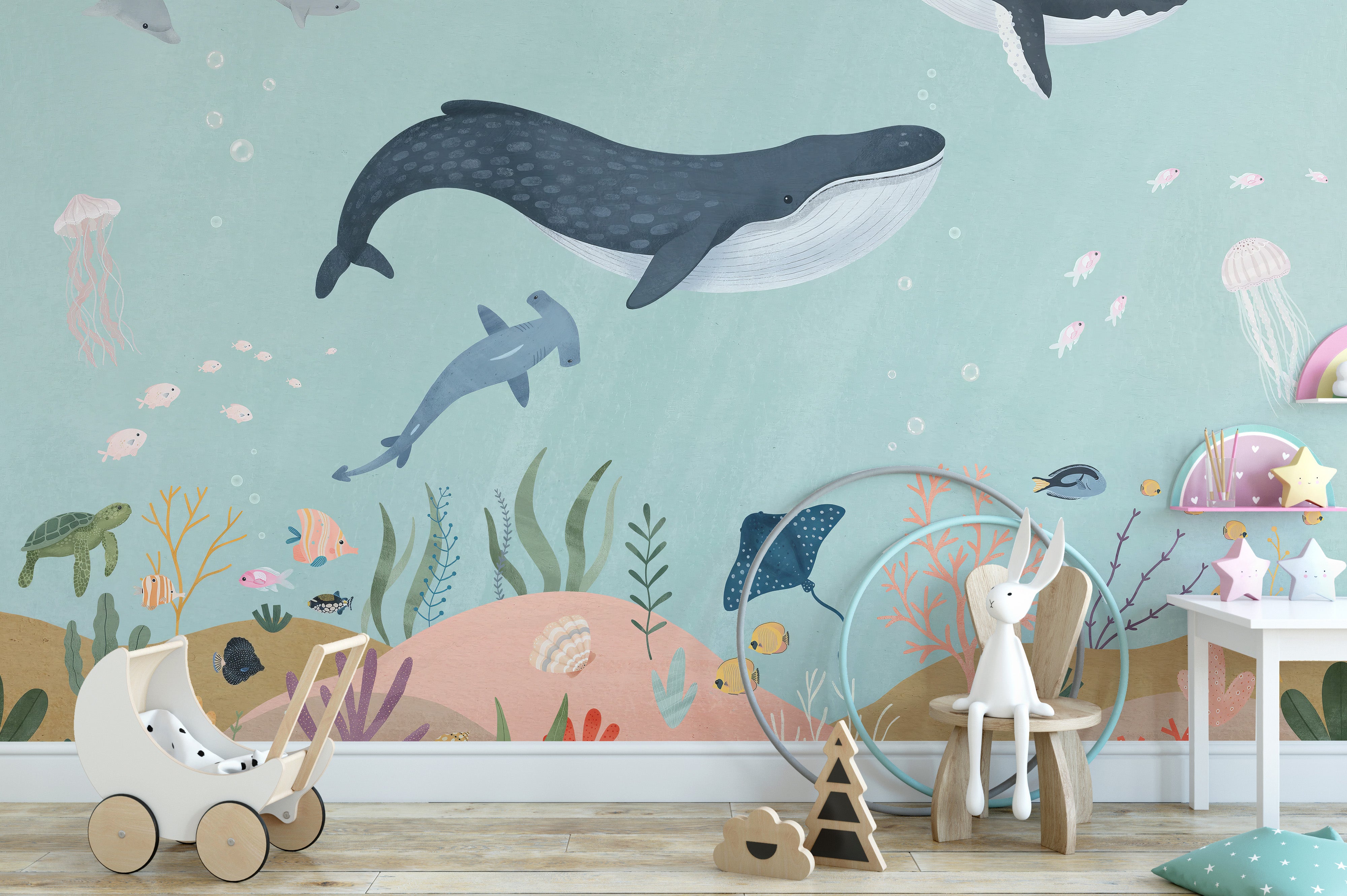 Colorful oceanic adventure mural for kids' rooms