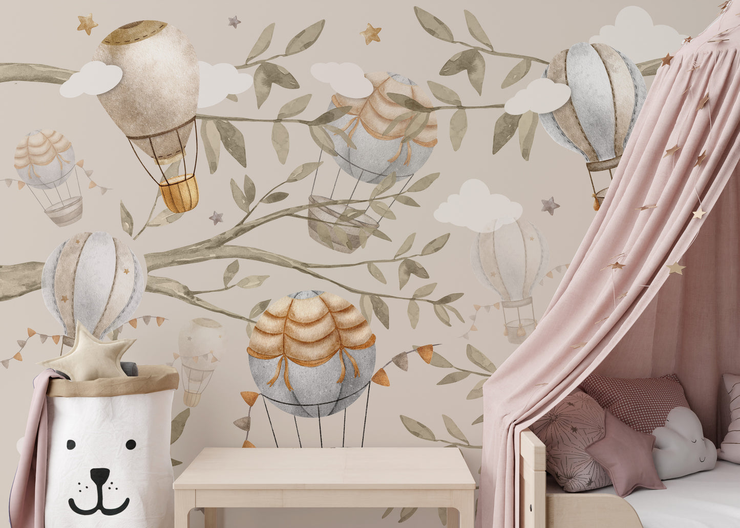 Charming air balloon wallpaper for whimsical nursery decor.