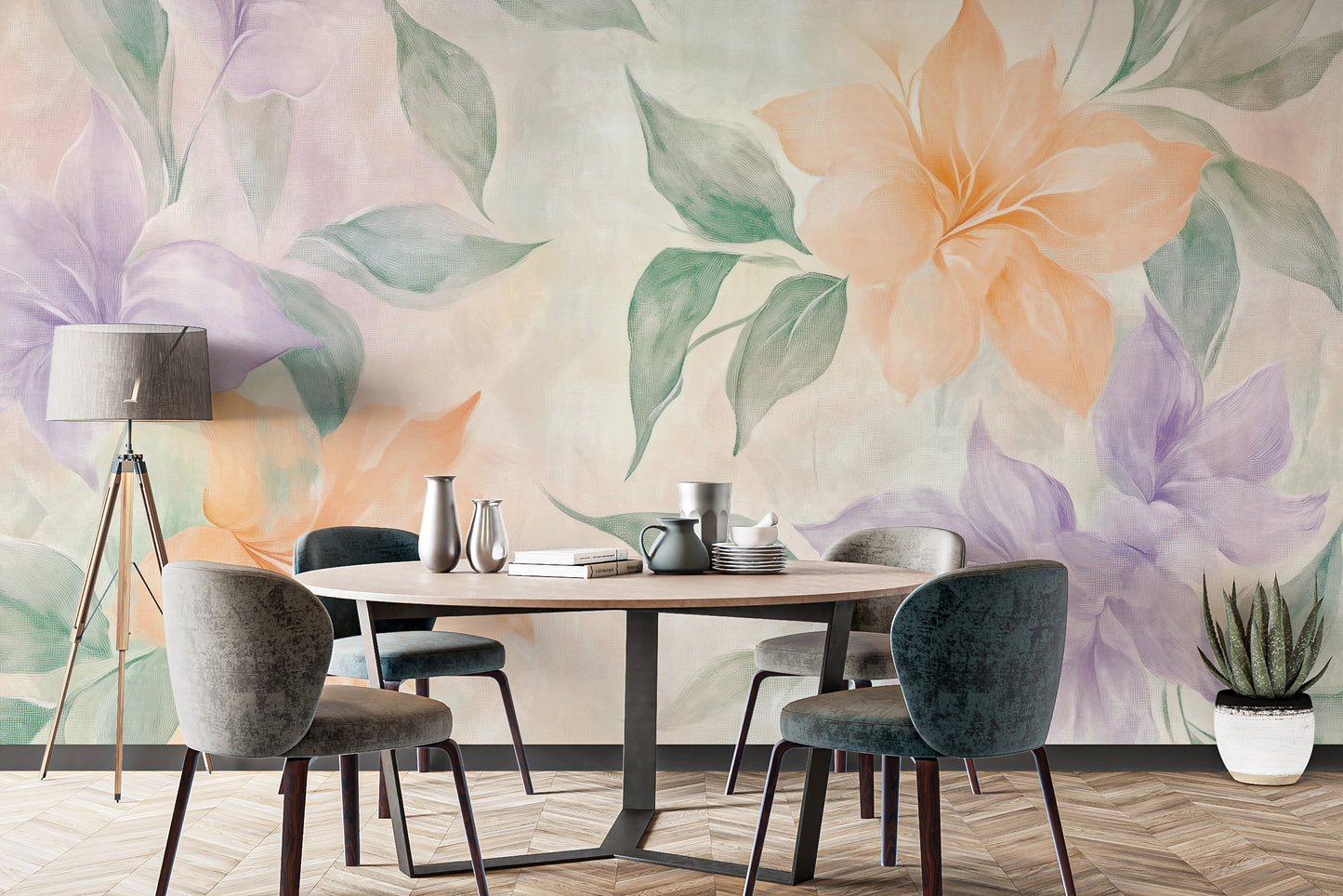 Soft watercolor floral mural for elegant interiors.
