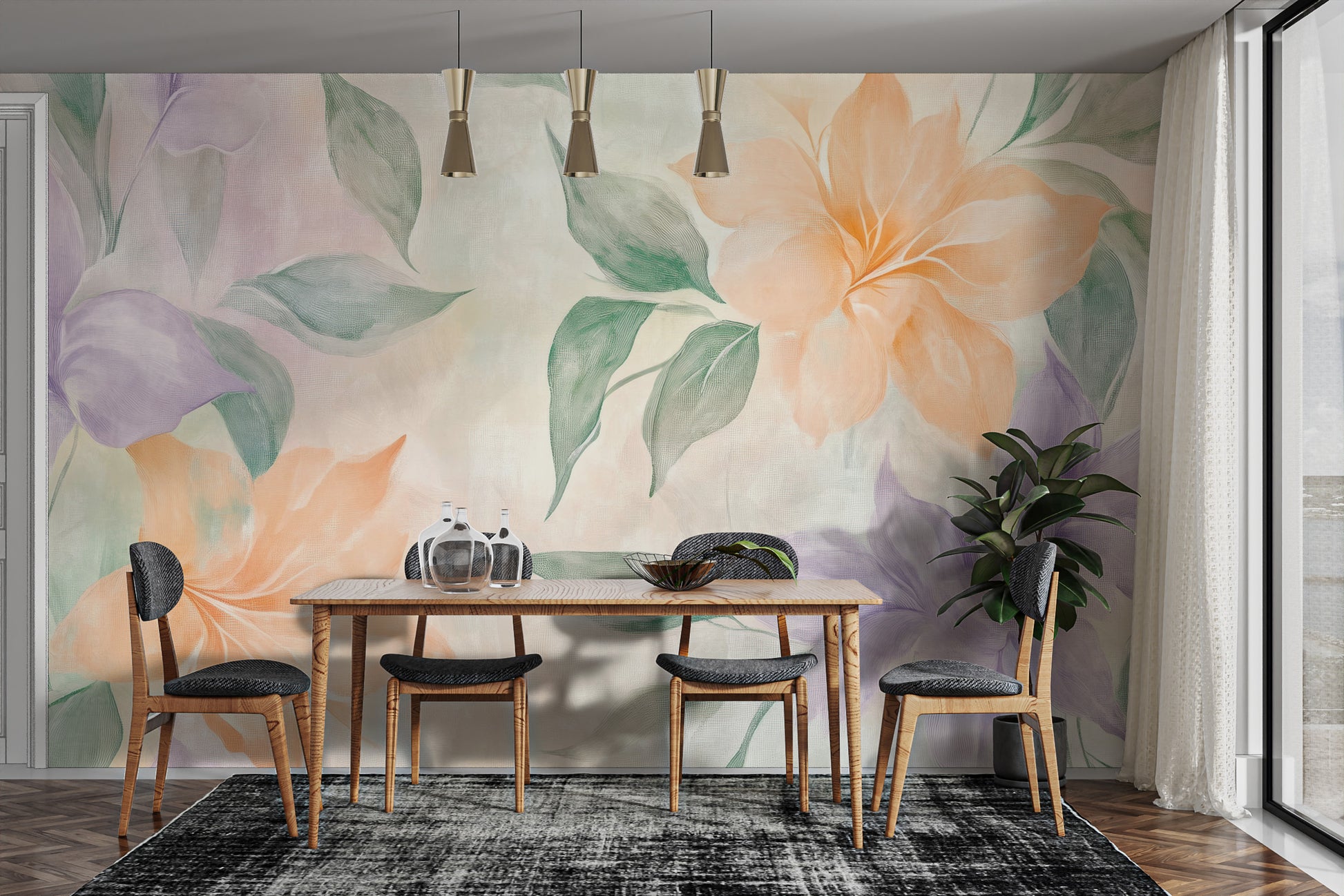 Hand-painted floral watercolor mural for walls.
