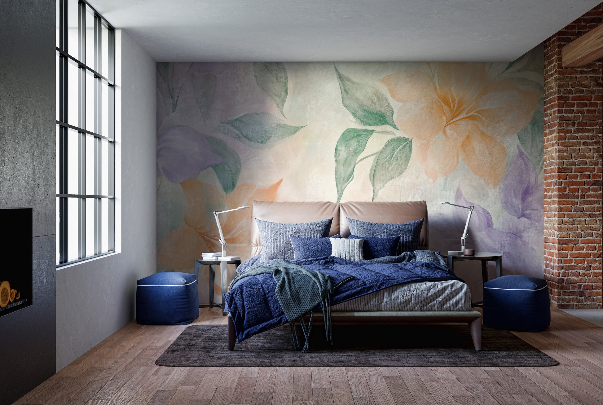 Artistic floral watercolor mural in soft hues.
