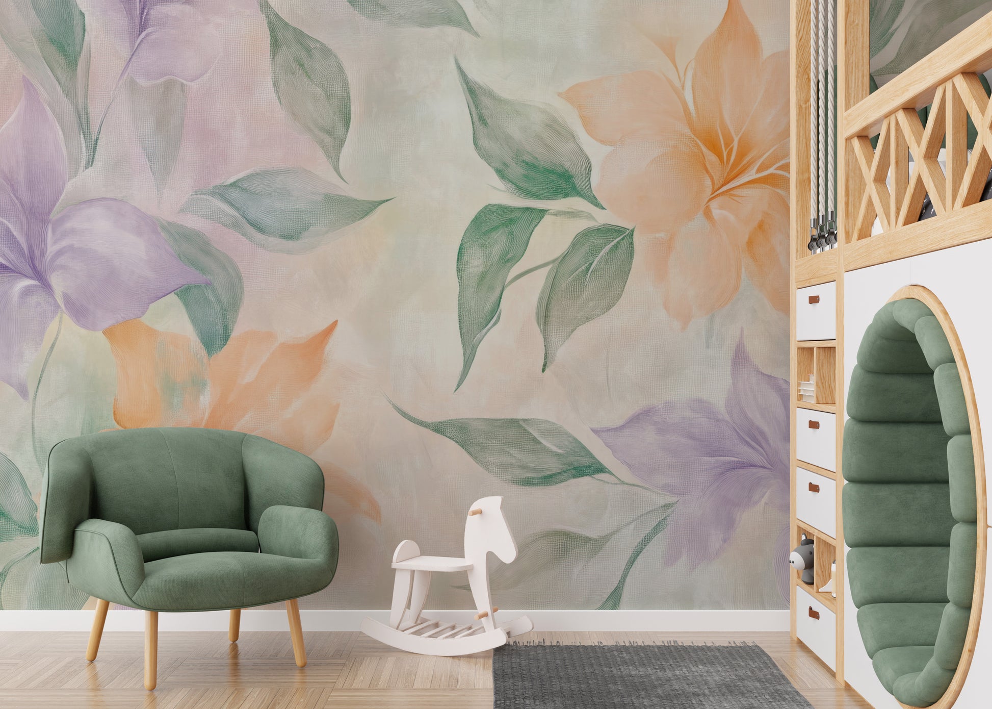 Elegant floral watercolor mural for any space.
