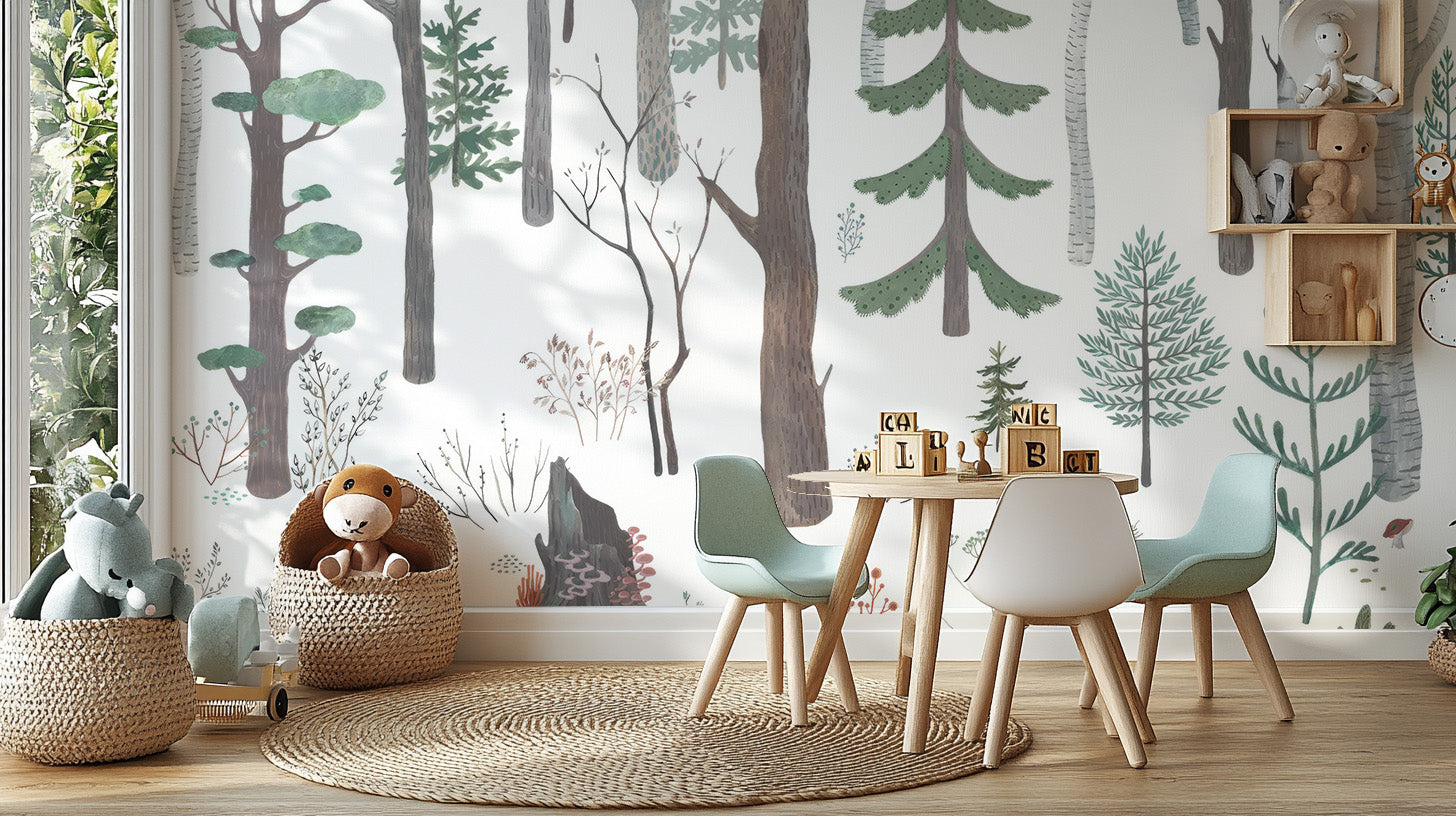 Minimalist white forest wallpaper mural
