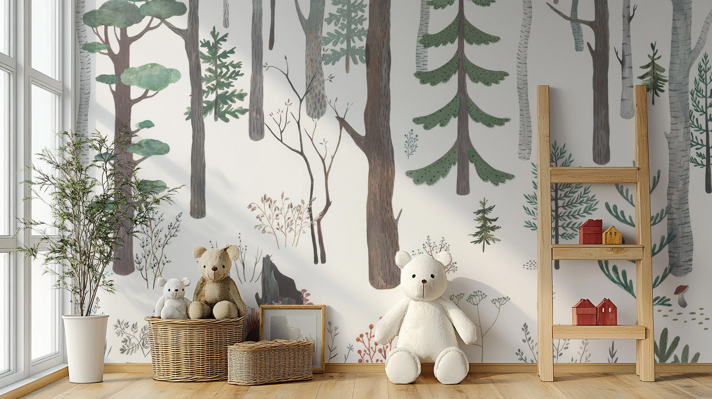 Elegant forest trees mural illustration
