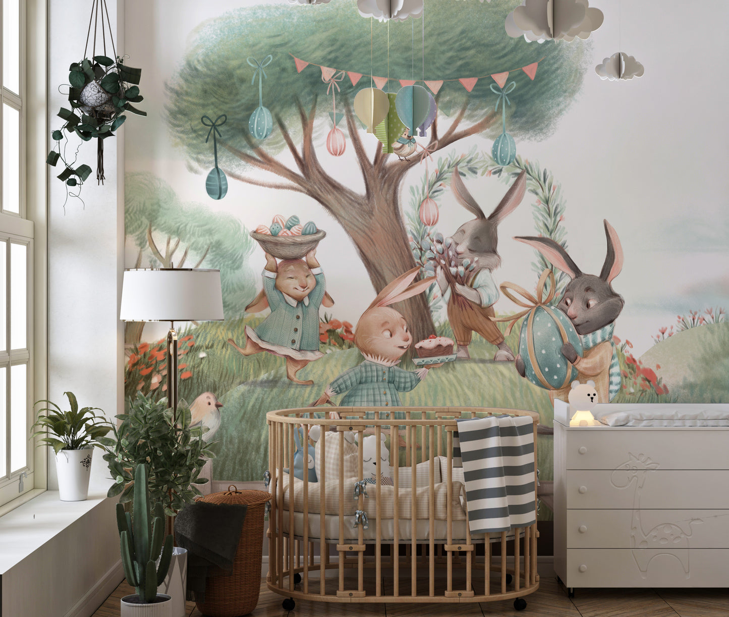 Bunny-themed Tree House Kids Wallpaper with soft hues