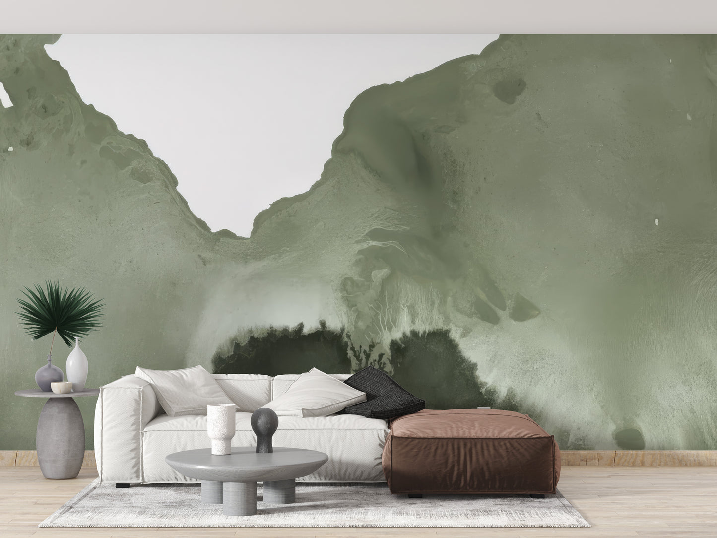 Soft sage tones in a watercolor wallpaper mural design