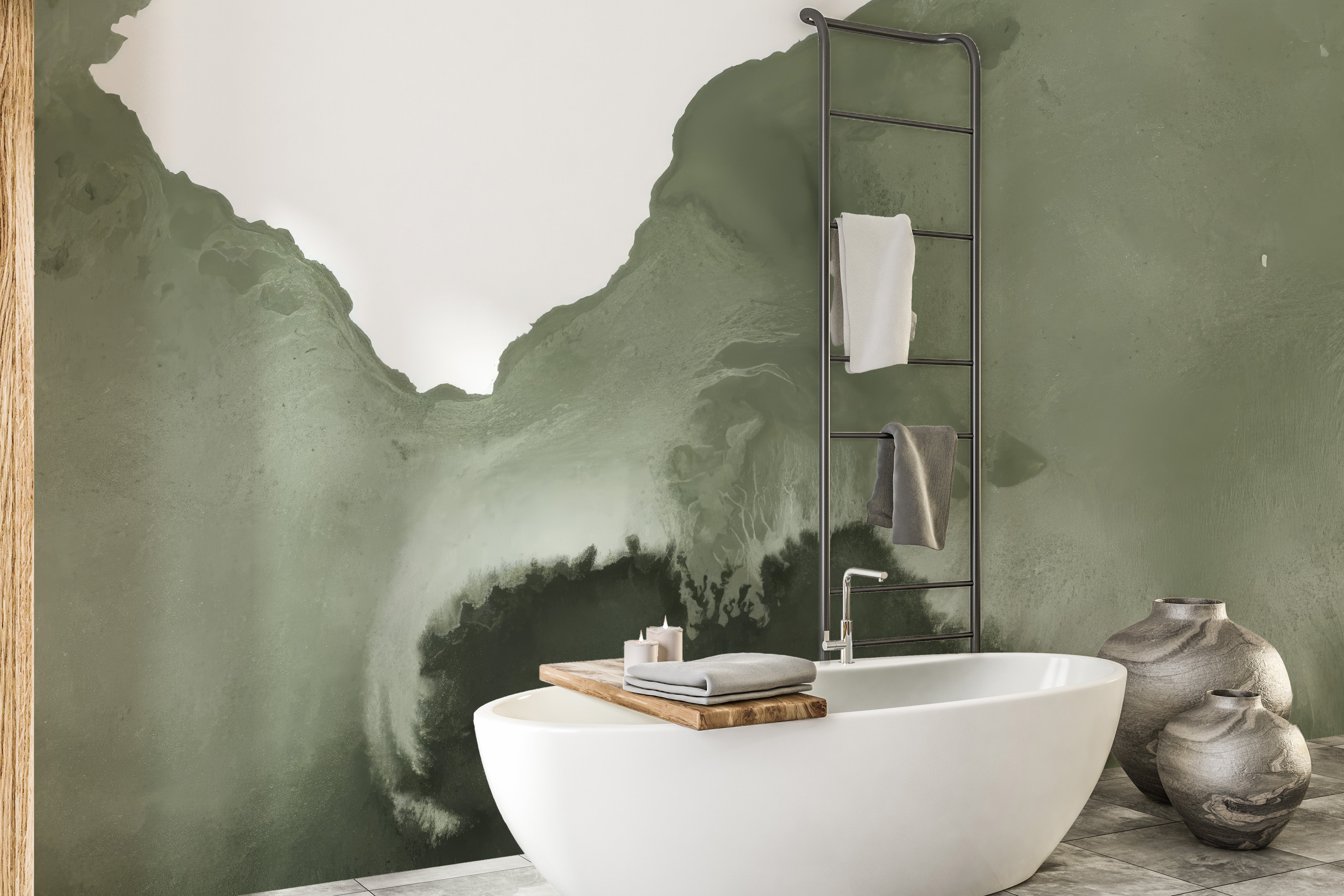 Elegant watercolor wallpaper mural with sage accents