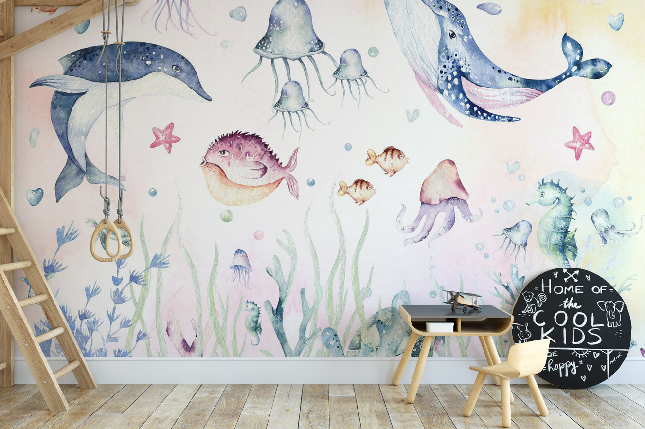 Playful underwater mural with sea creatures