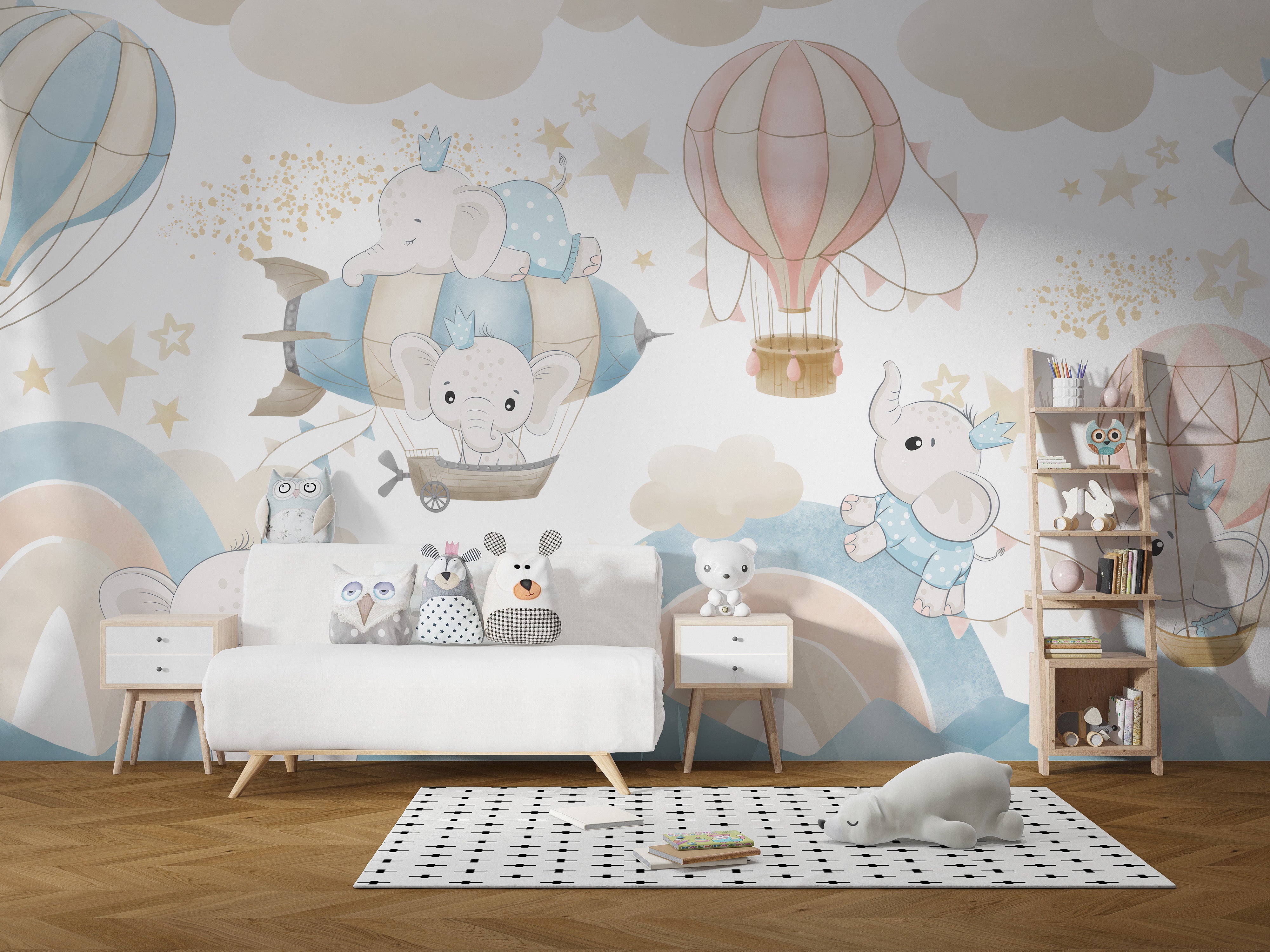 Cute baby elephant wallpaper with whimsical sky details