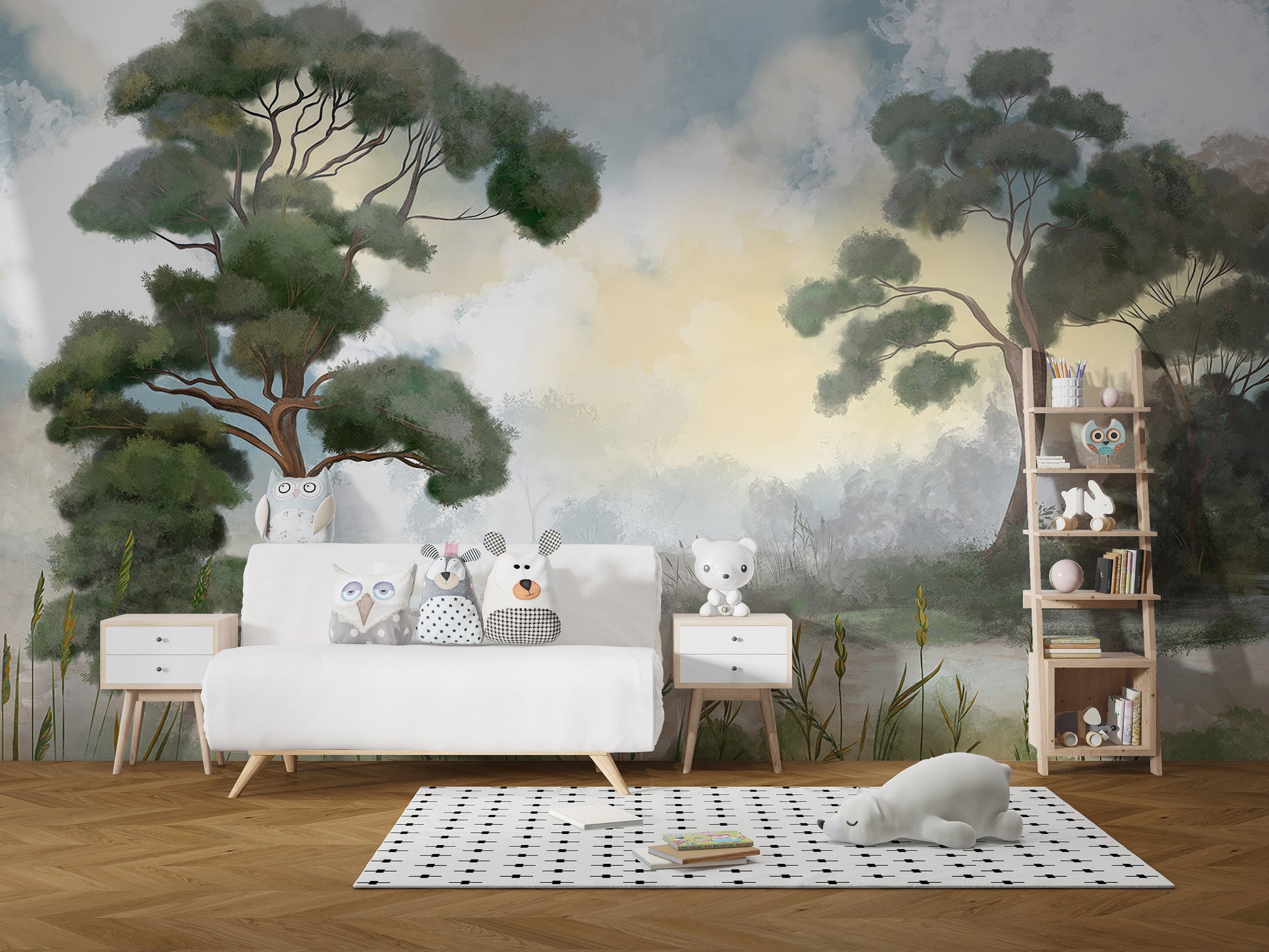 Nature-inspired enduring woodland wall mural