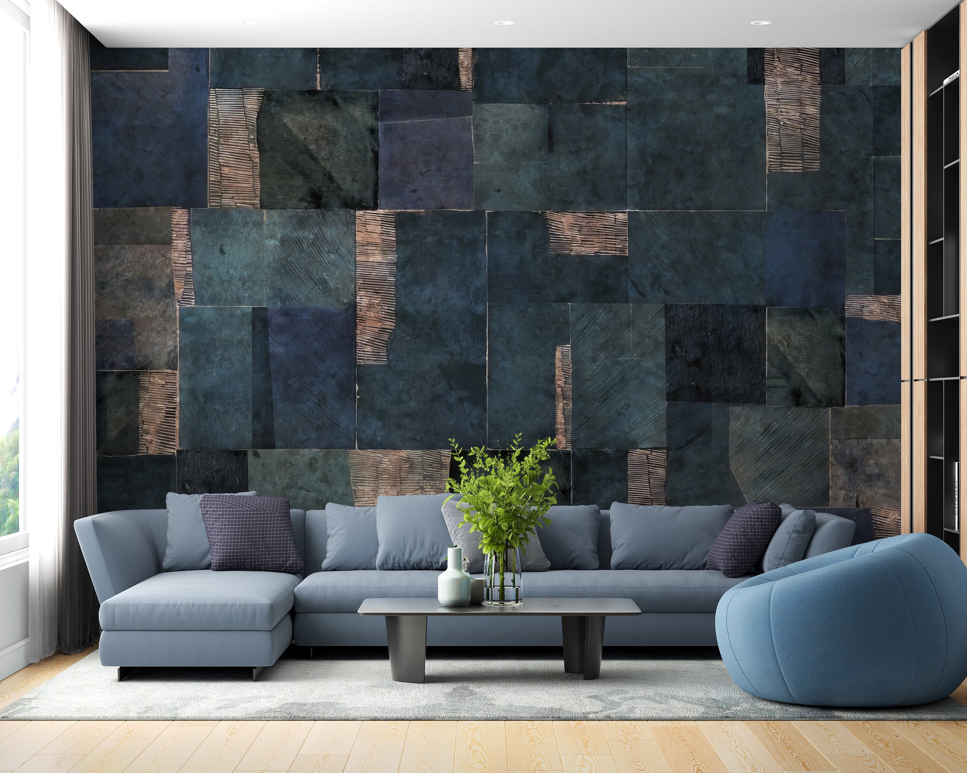 Navy blue geometric abstract wallpaper for artistic interiors.