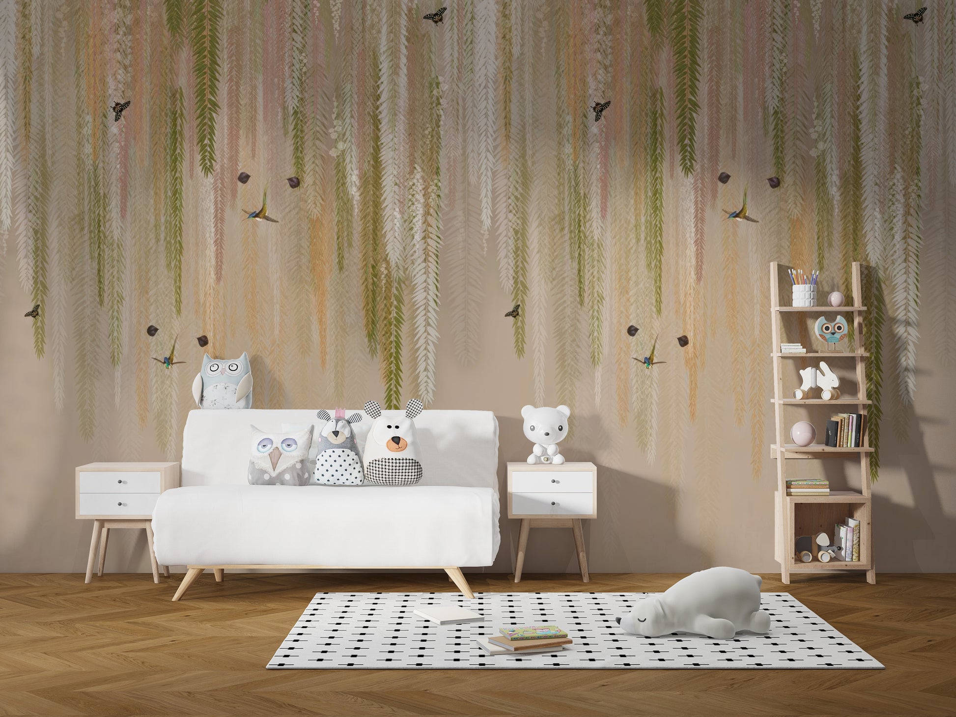 Serene hanging Eden green wall mural design
