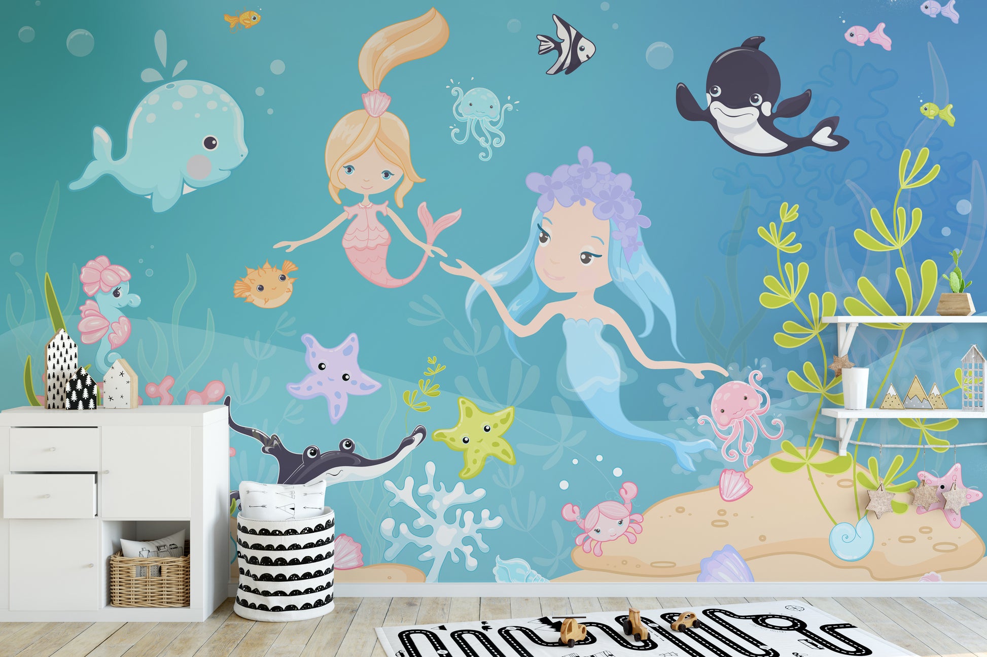 Ocean-themed wallpaper with mermaids and fish