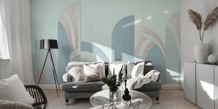 Stylish silver foil geometric wall mural for modern living rooms.