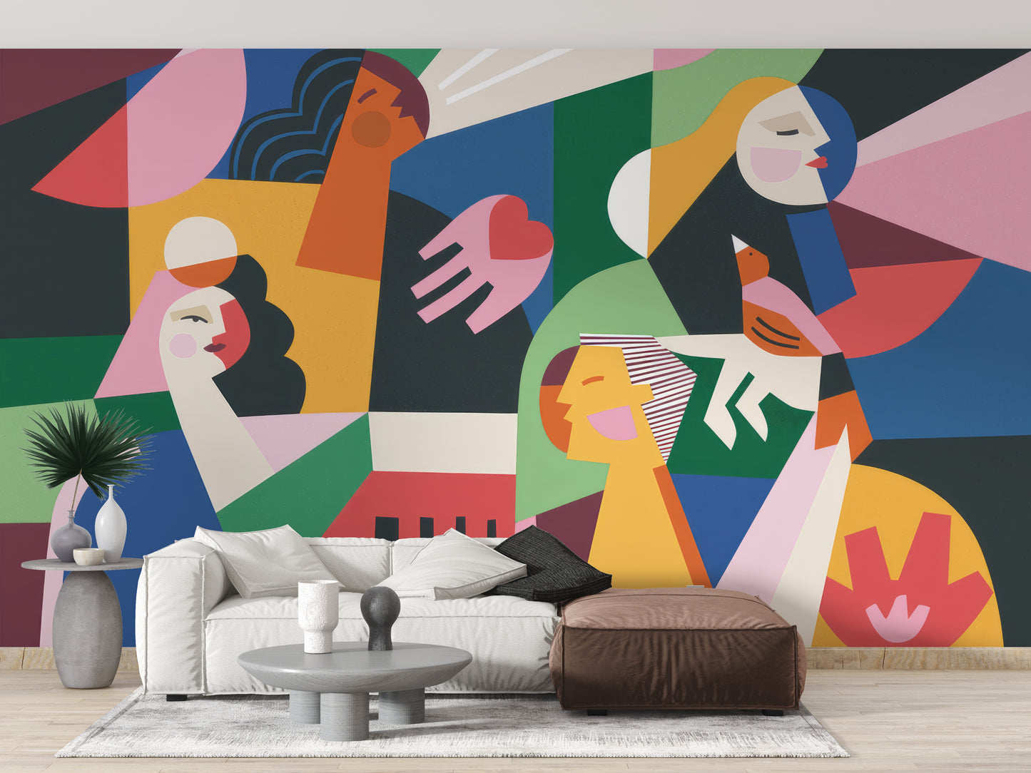 Colorful women mural wallpaper with abstract designs.