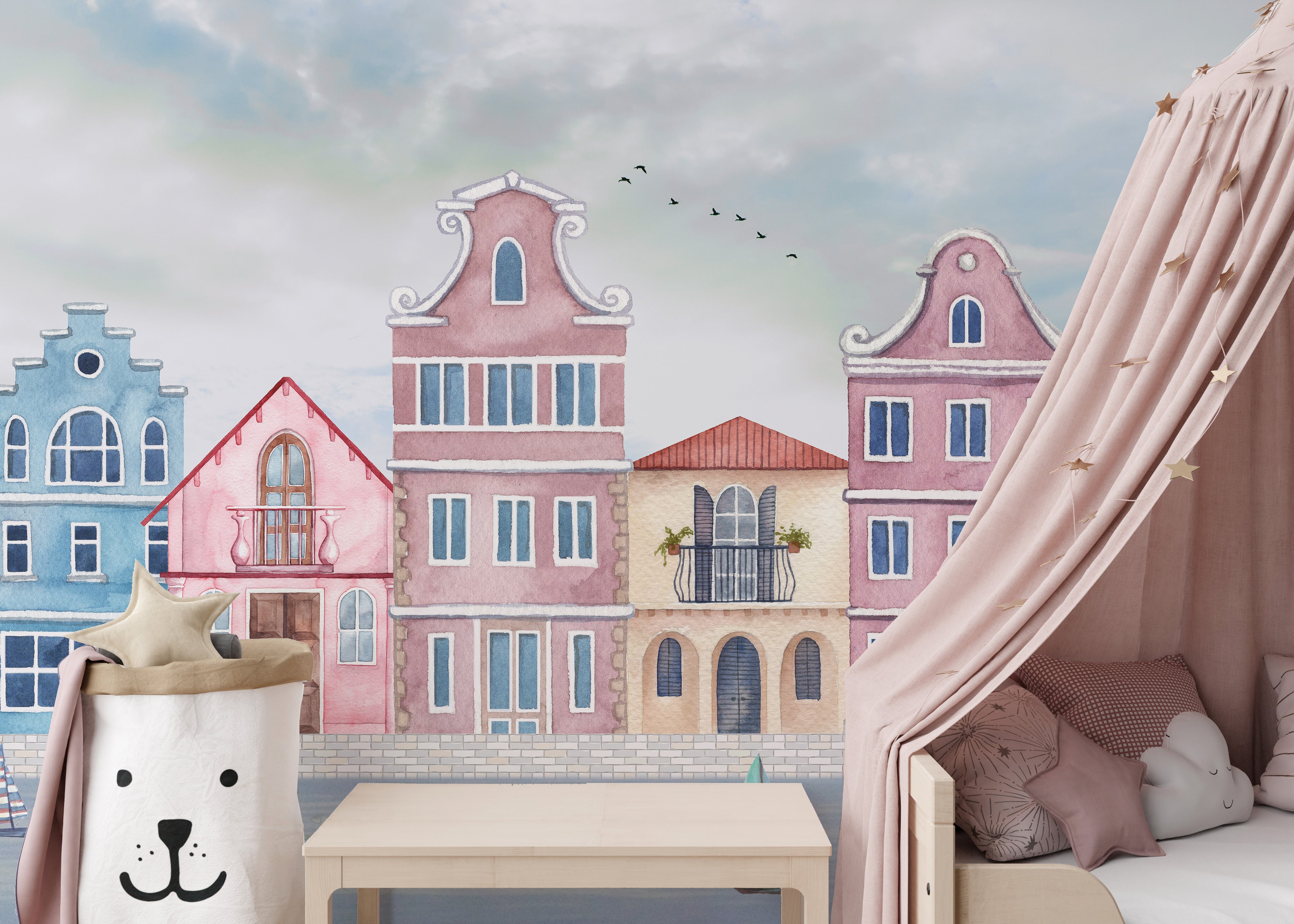 Unique watercolor coastal town wallpaper for kids