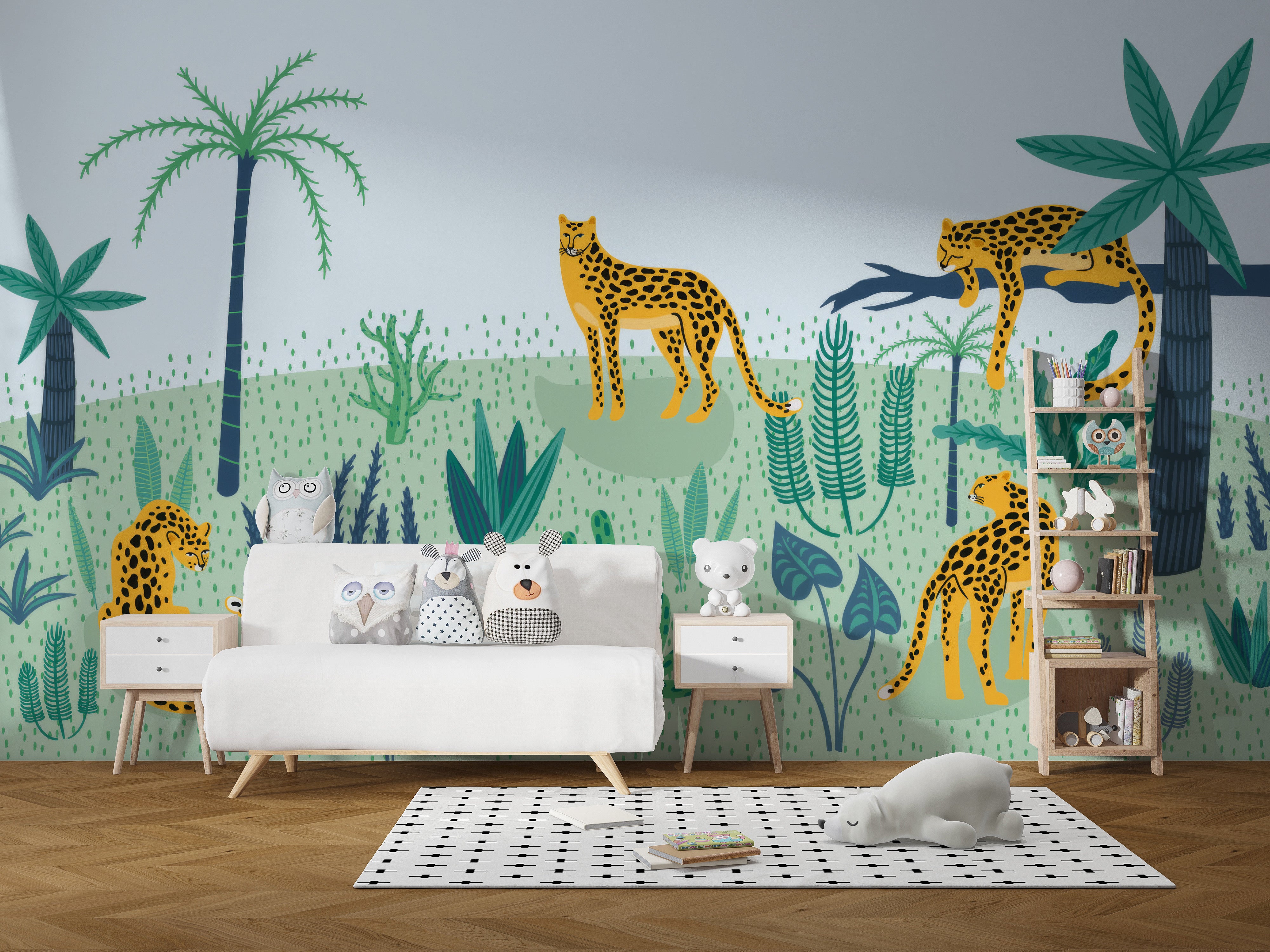 Leopard and palm tree mural wallpaper for bold interiors