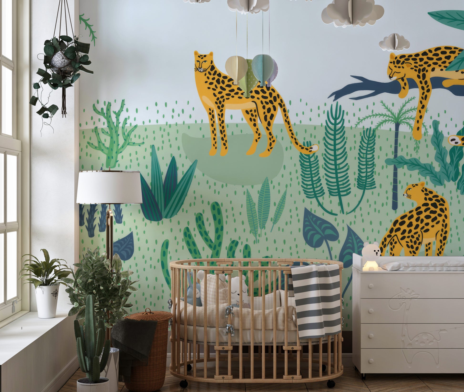 Modern jungle mural wallpaper featuring leopard patterns