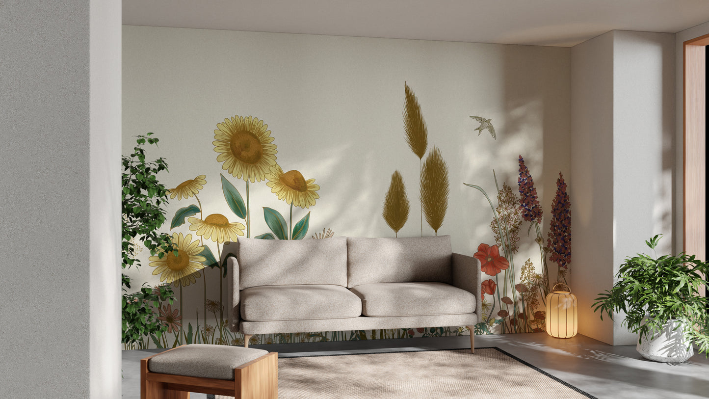 Wildflower and sunflower field wallpaper design